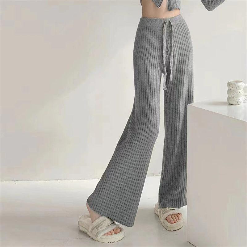 VLOVELAW Lazy pit strip white knitted wide-leg pants women's autumn and winter high waist drape straight loose casual versatile floor-mopping trousers