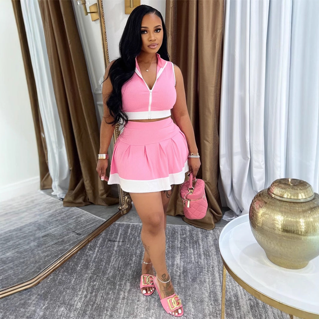 summer New Popular trade solid color zipper single sleeveless top waist casual skirt suit women