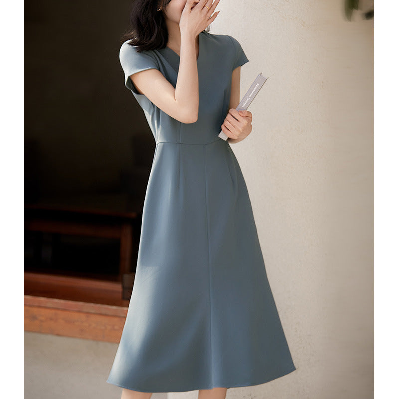 2025 Triacetic acid fishtail skirt, thousand gold waist dress V-neck medium and long Hangzhou four-season green women's clothing spring and summer