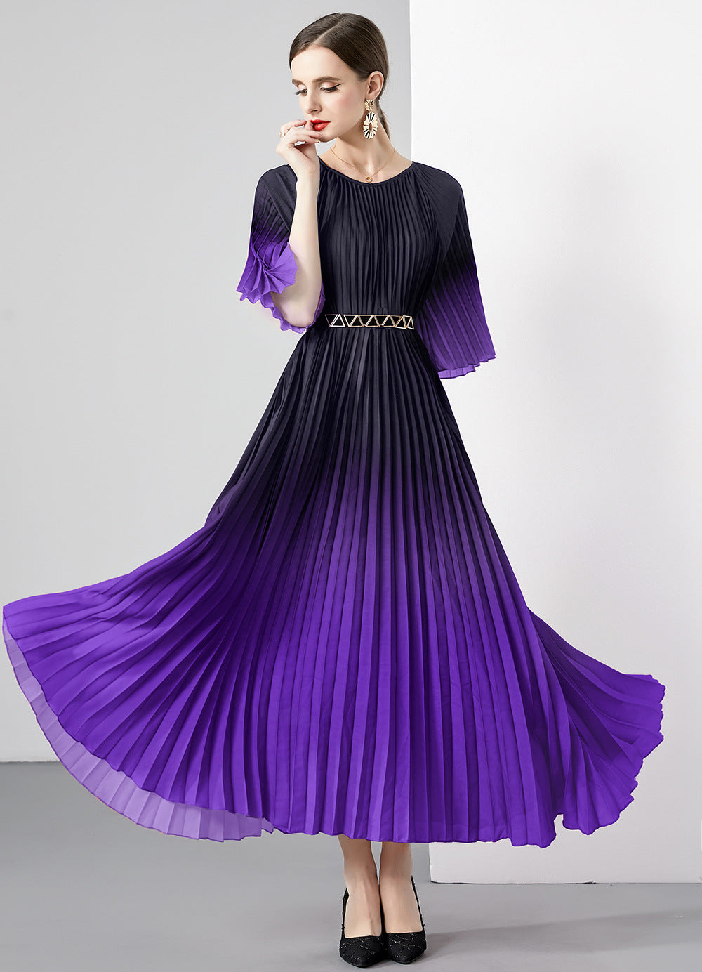 Folded dress summer long dress round neck medium sleeve gradual change lace-up design dress skirt