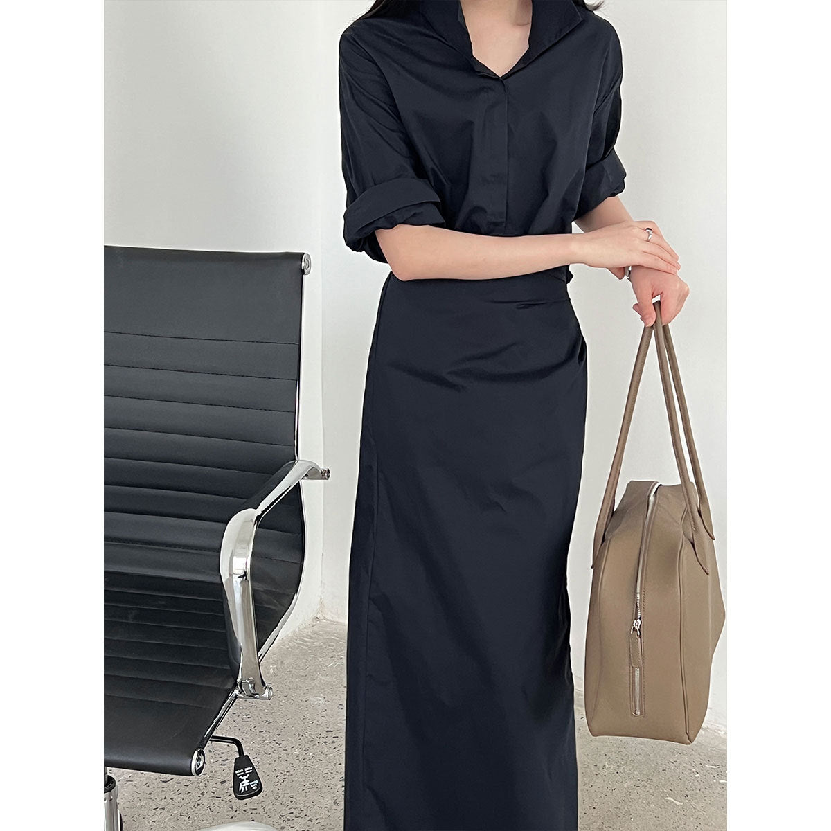 Luxi, Korean version of the design sense lace-up V-neck waist dress women's summer new thin shirt long skirt 9731