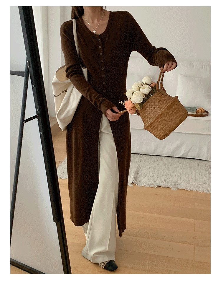 VLOVELAW Early autumn versatile solid color high split fork women's U-neck slim and thin knitted cardigan temperament long coat long sleeve top