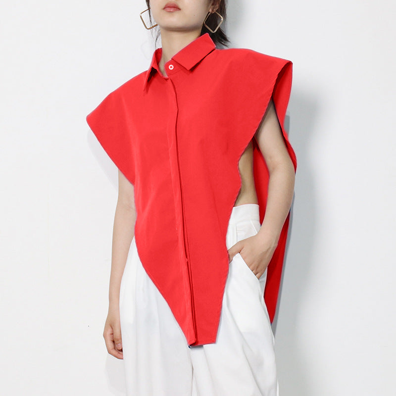2025 Design sense inverted triangle irregular women's clothing summer new multi-color fashion personalized cut lapel shirt women