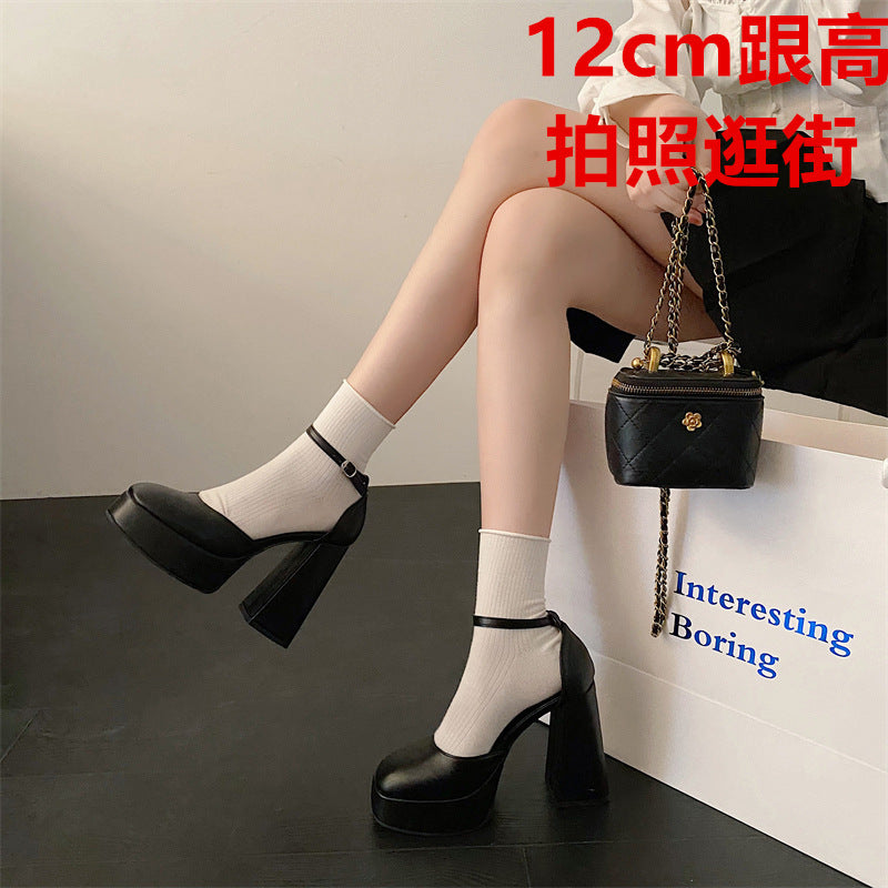 Super High Heels Barbie Shoes Women's New Spring and Autumn Beige Closed Toe Mary Jane Chunky Heel Sandals Wedding Shoes