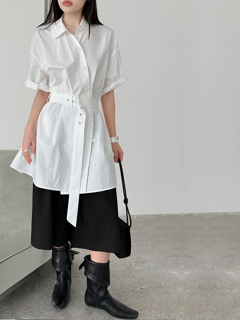 Luxi Korean niche design belt shirt women's summer new buckle loop strap waist short-sleeved top 8745
