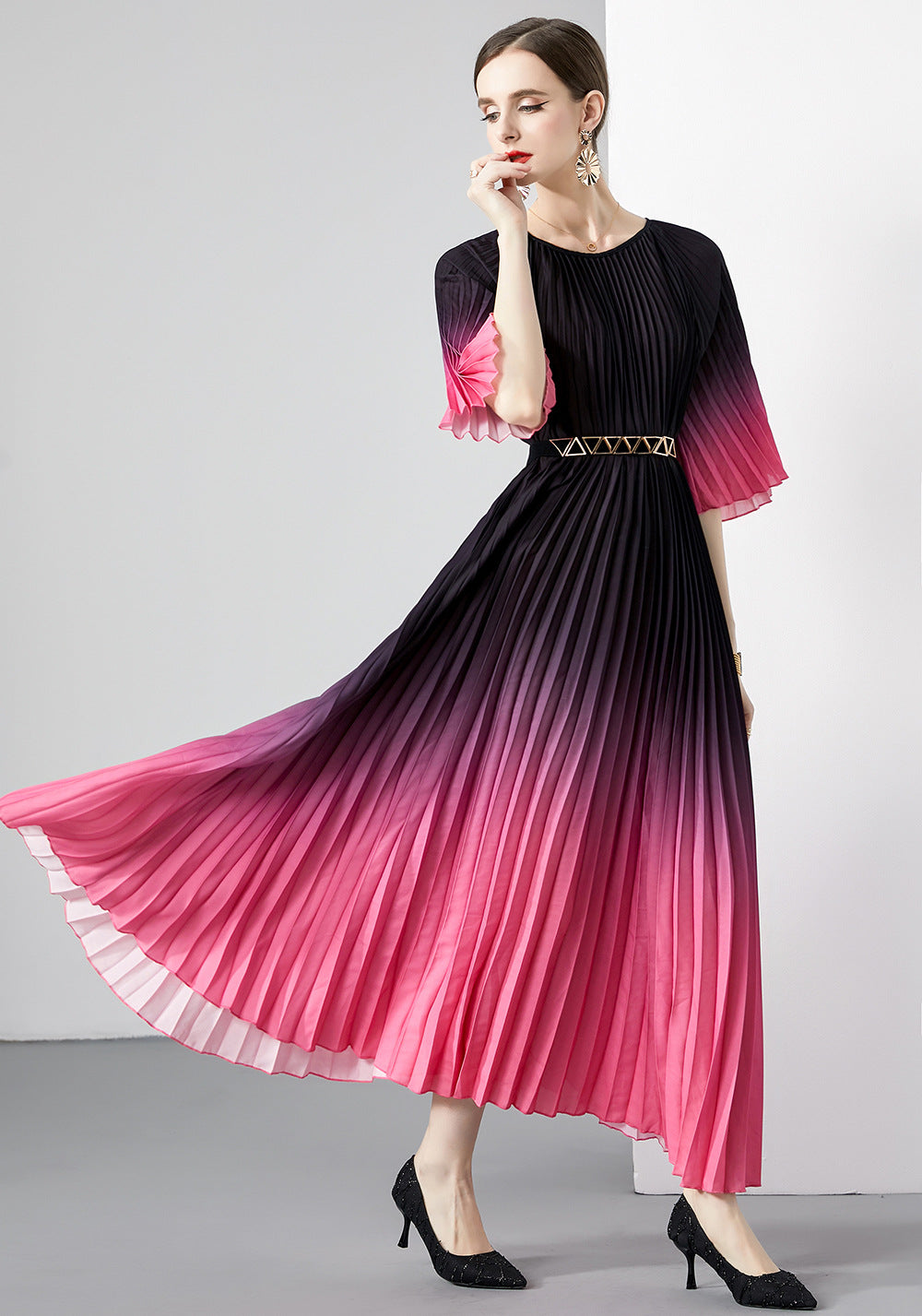 Folded dress summer long dress round neck medium sleeve gradual change lace-up design dress skirt