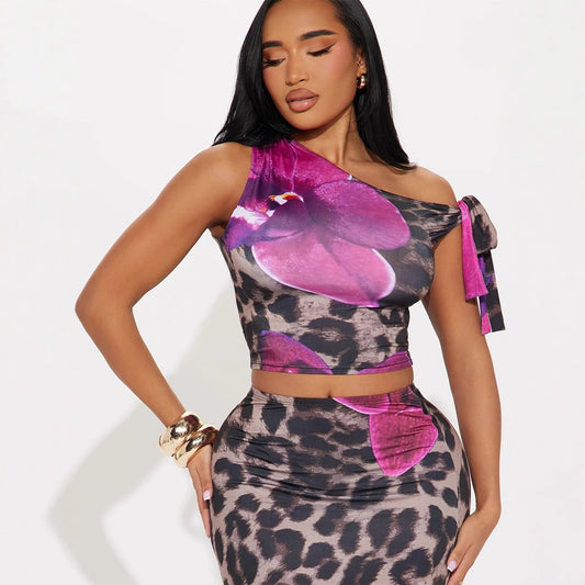 new New fashion slim temperament elegant printing diagonal collar lace-up short top hip-wrapped long skirt set