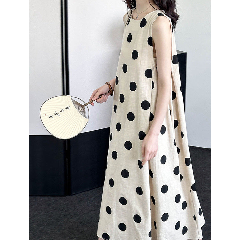 2025 Tachibana spring and summer new sleeveless dress women's Korean round neck polka dot temperament age-reducing skirt 12006