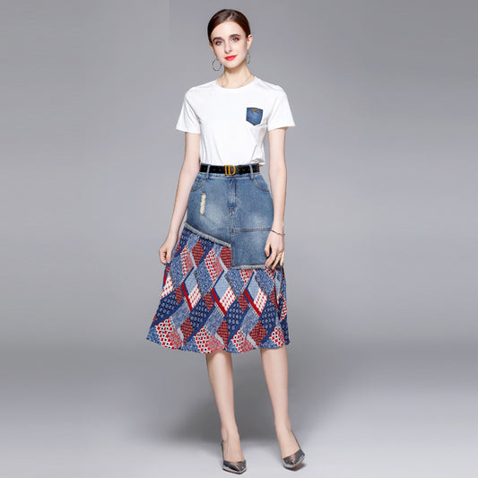 summer new light and mature style women's clothing set Hong Kong flavor T-shirt temperament fashion denim two-piece set