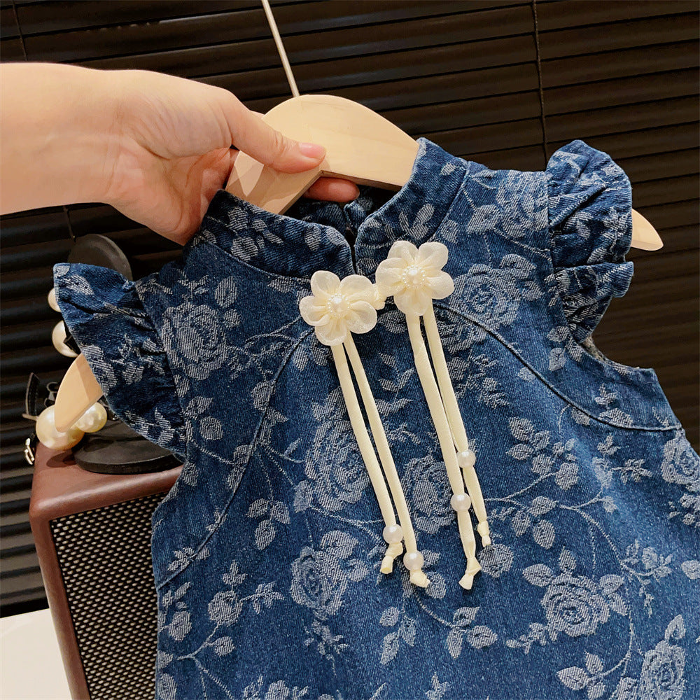 VLOVELAW New Girl's National Style Flower Jacquard Chinese Knot Buckle Flounced Sleeve Princess Cheongsam Dress Summer Dress Dress