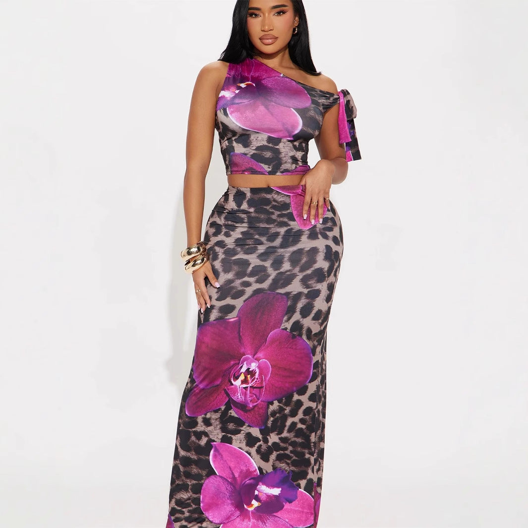 new New fashion slim temperament elegant printing diagonal collar lace-up short top hip-wrapped long skirt set