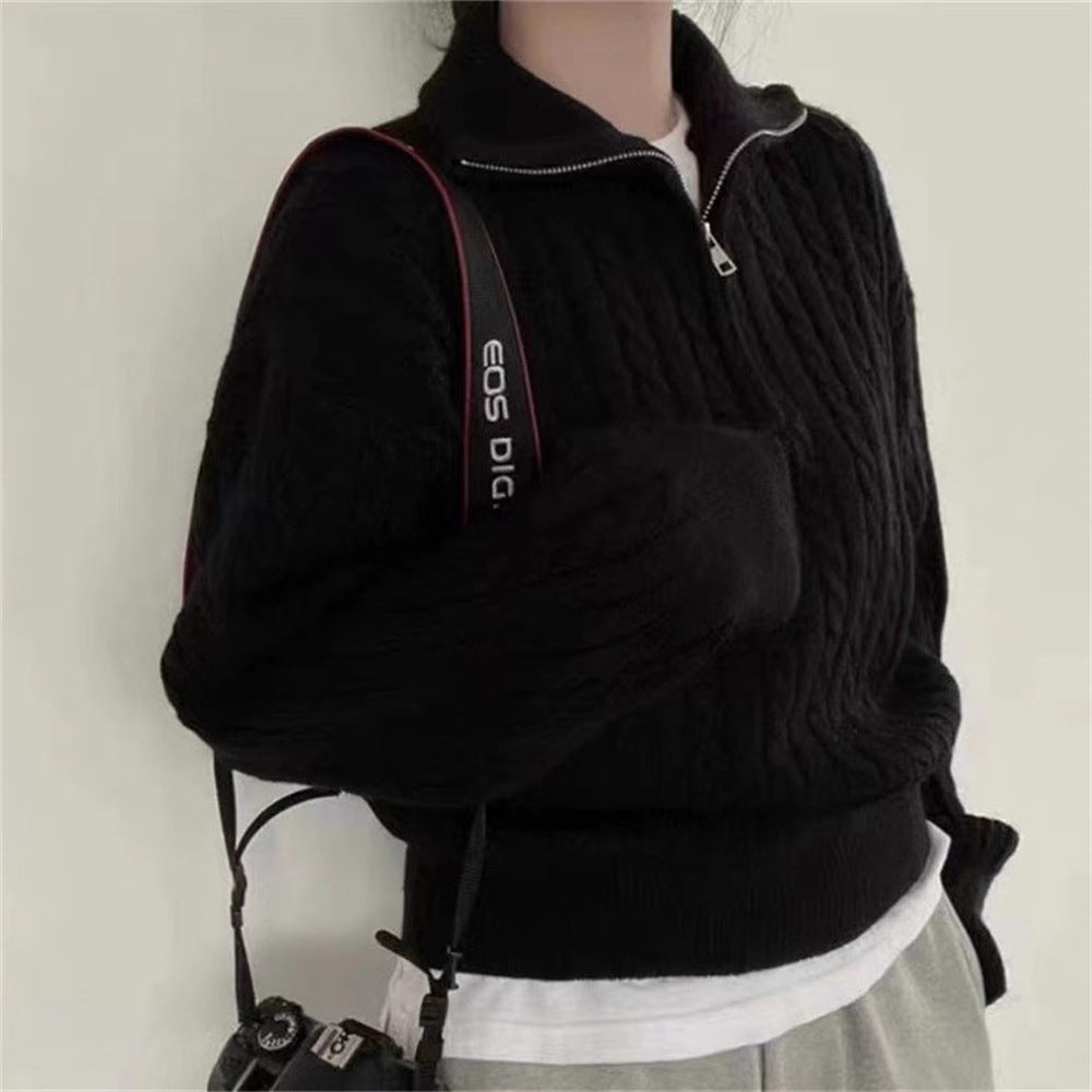 VLOVELAW Korean version New autumn and winter soft waxy knitted top women's retro twist half zipper lazy versatile short sweater jacket