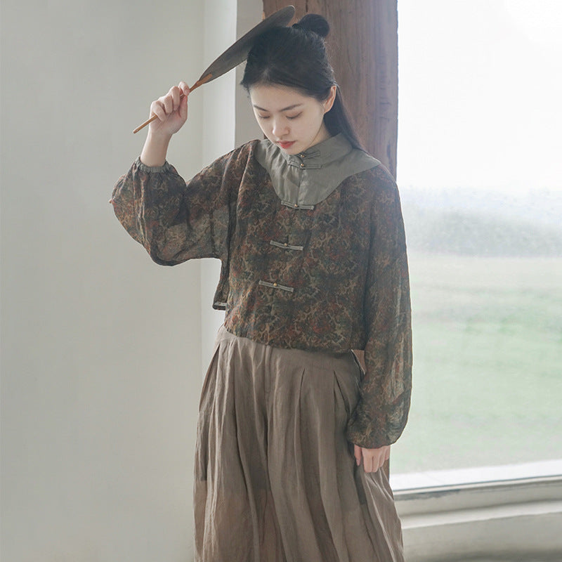 retro ultra-short digital printing ramie stand-up collar top, Guochao Hong Kong flavor cloud shoulder shirt jacket S22247