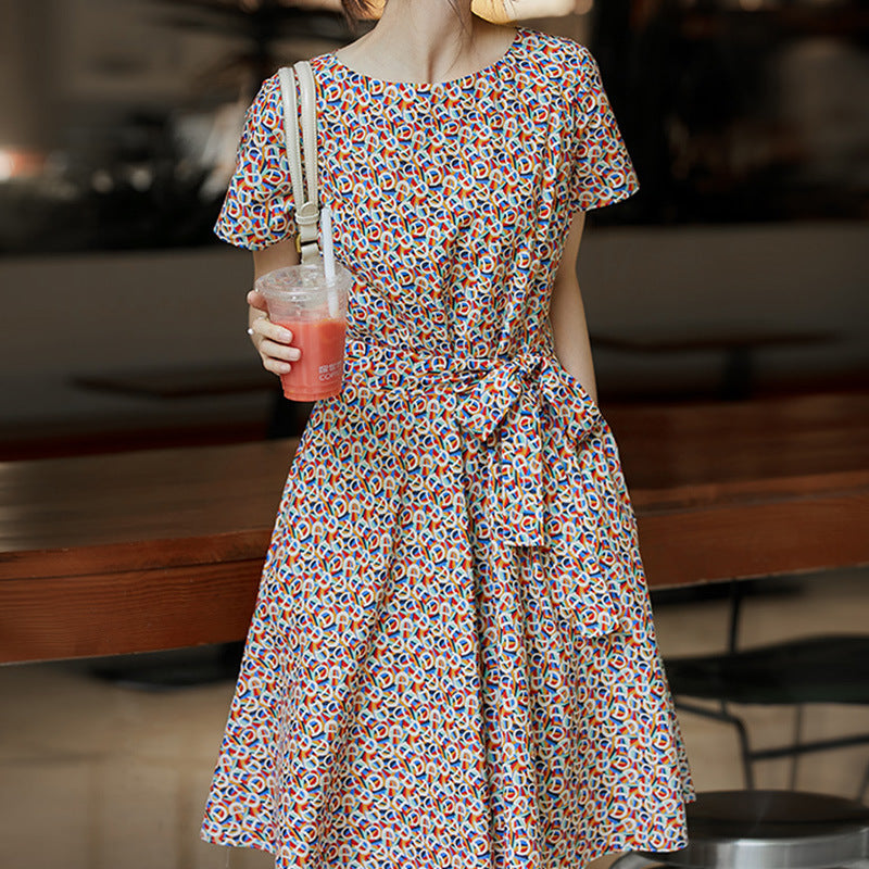 2025 Gentle floral skirt, high sense new printed summer women's clothing lace-up A-word medium and long dress summer