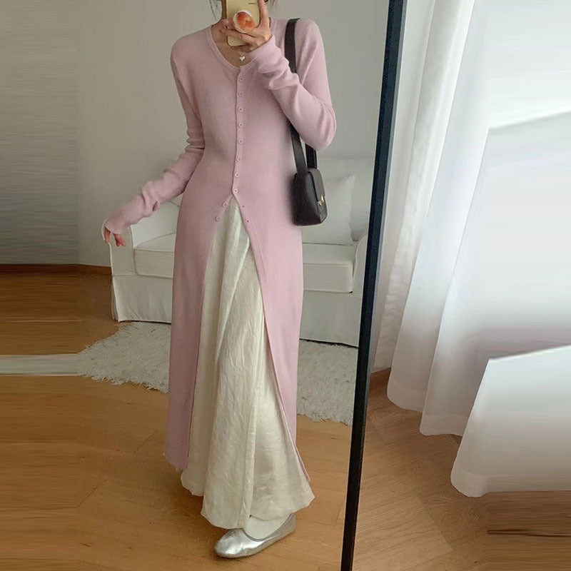 VLOVELAW Early autumn versatile solid color high split fork women's U-neck slim and thin knitted cardigan temperament long coat long sleeve top