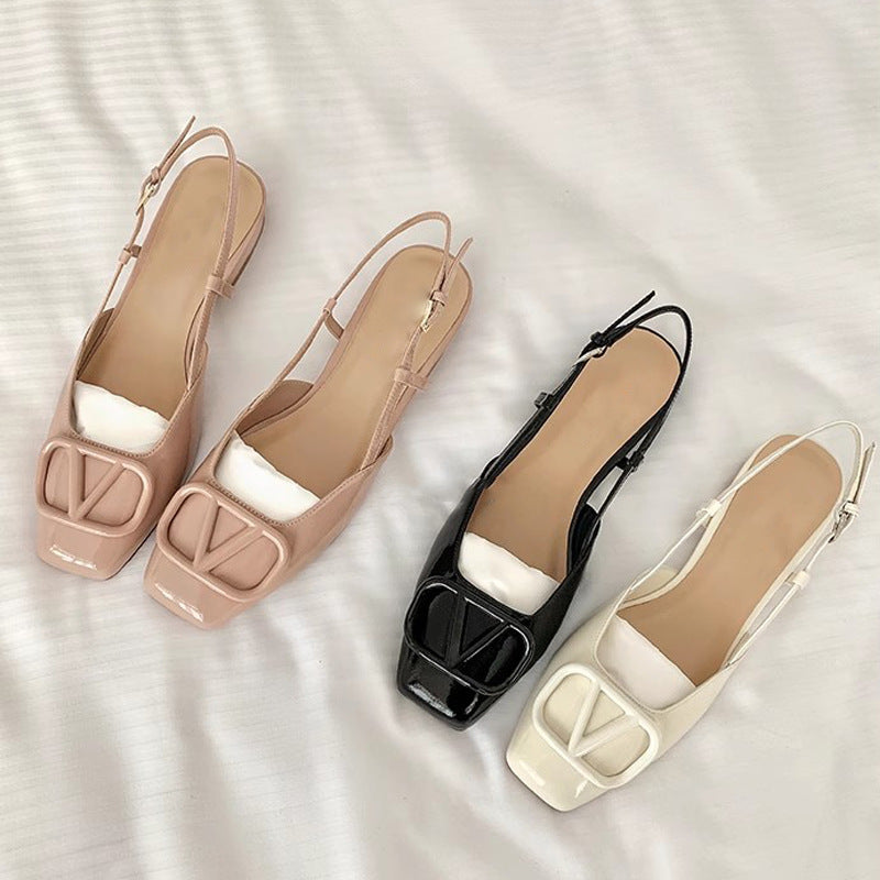 VLOVELAW Su Cojin Same Style Princess Deer ~ Square Toe V Buckle Closed Toe Back Empty Nude Pink Flat Sandals for Women Commuter Shoes 2025