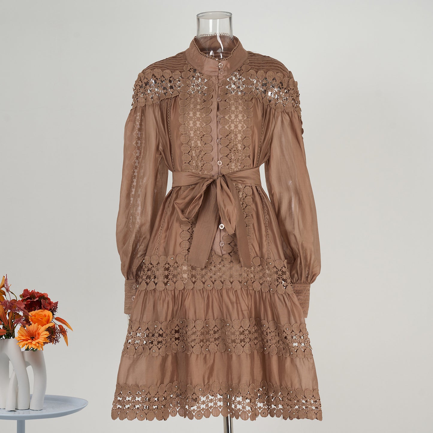 women's clothing long-sleeved shirt skirt spring and autumn women's single-breasted water-soluble lace embroidered hollow dress