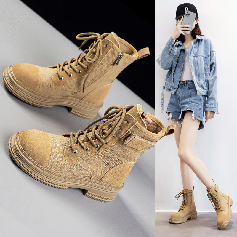 Leather Martin Boots Women's Spring New Height Increasing Insole Canvas Women's Boots Thick Bottom Side Zipper Fleece-lined Short Desert Boots