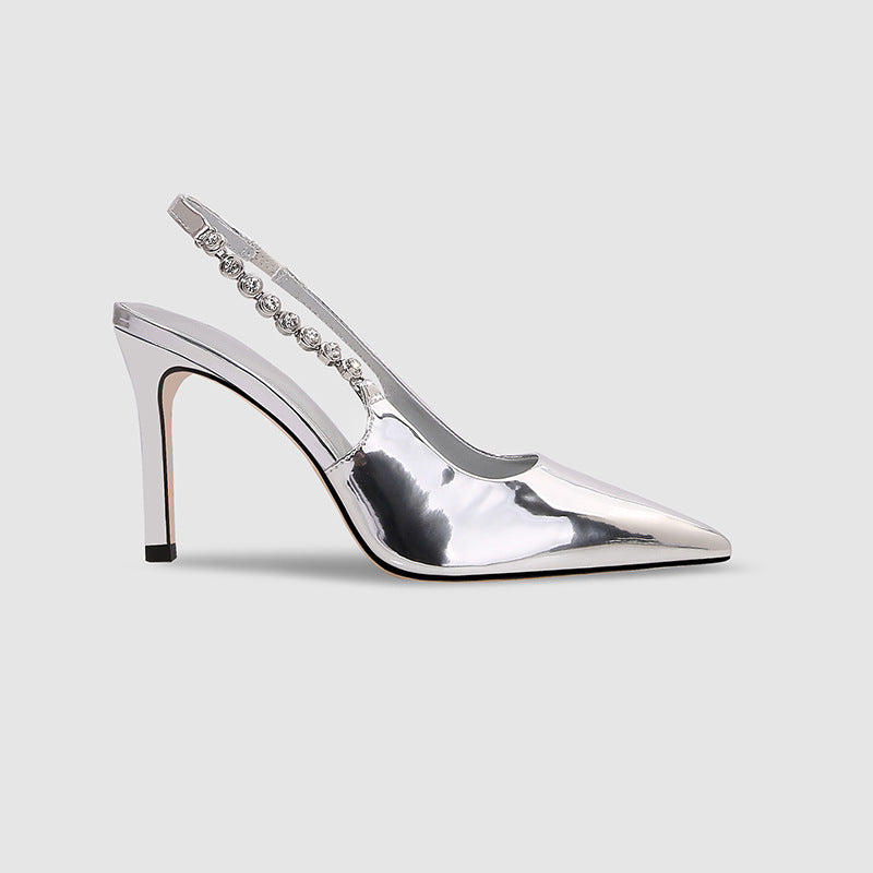 VLOVELAW Silver Wedding Shoes Pointed Toe Rhinestone Back Empty High Heels Spring and Summer New Toe Cap Stilettos Chain Sexy All-Matching Women's Sandals