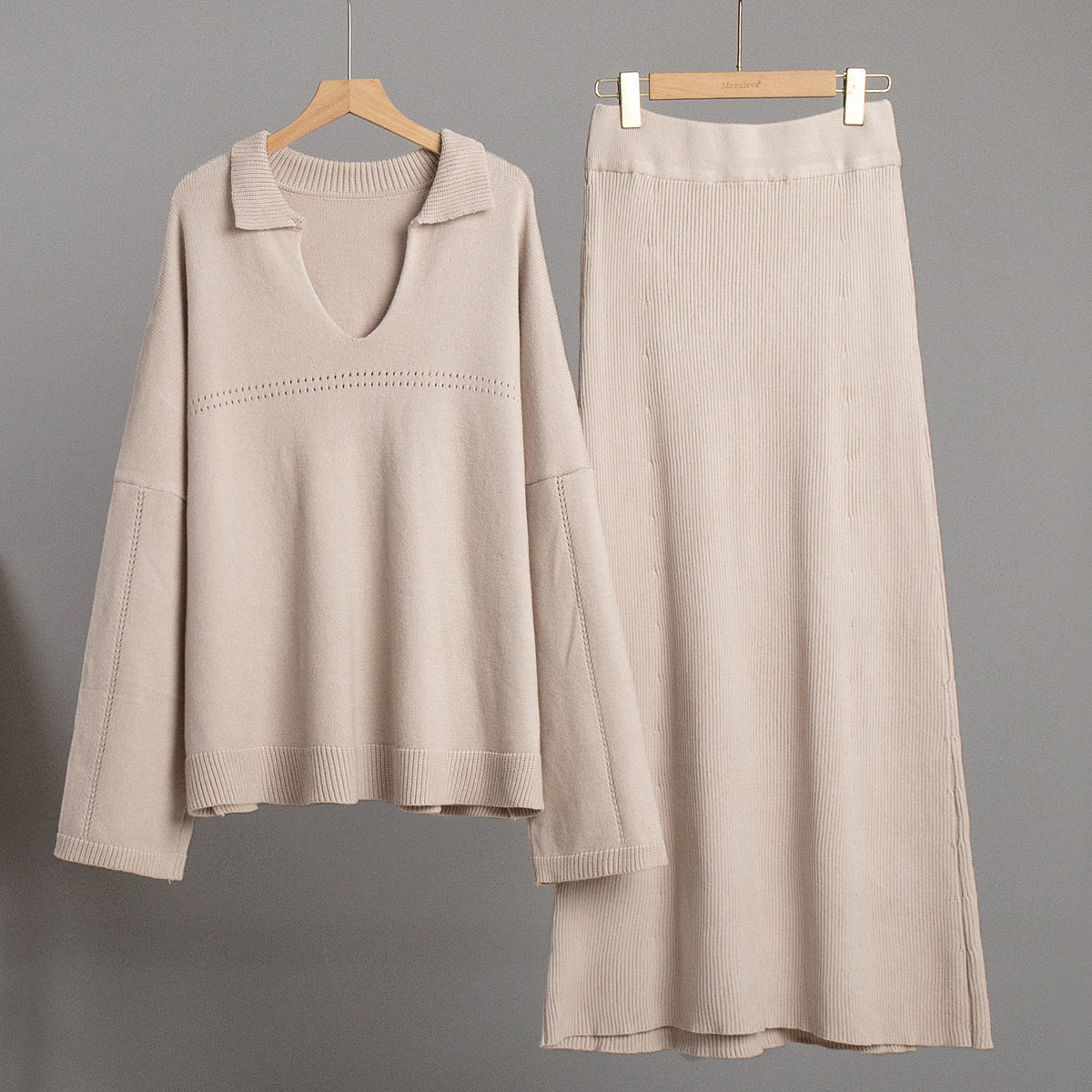 KKBOXLY Cross-border knitted set Europe, America New winter new fashion simple style V-neck knitted sweater skirt set