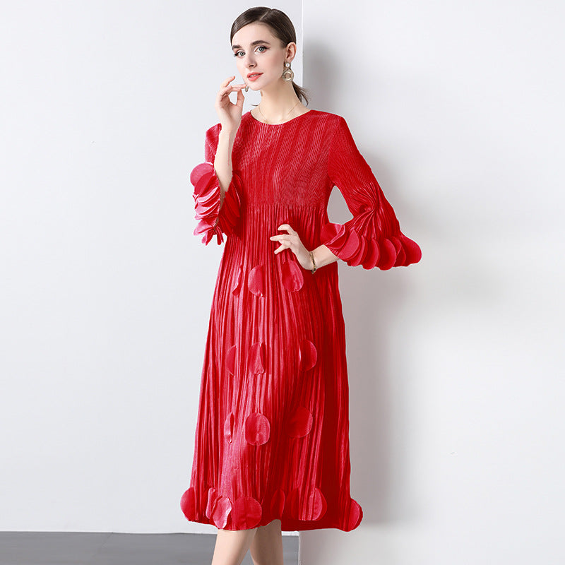 Fungus edge large size loose pleated dress women's new high-end Popular style commuter Miyake dress skirt
