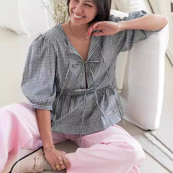 VLOVELAW Cross-Border Spring/Summer New Women's Tops Fashion Striped Stitching Shirt Top Women's European and American Style