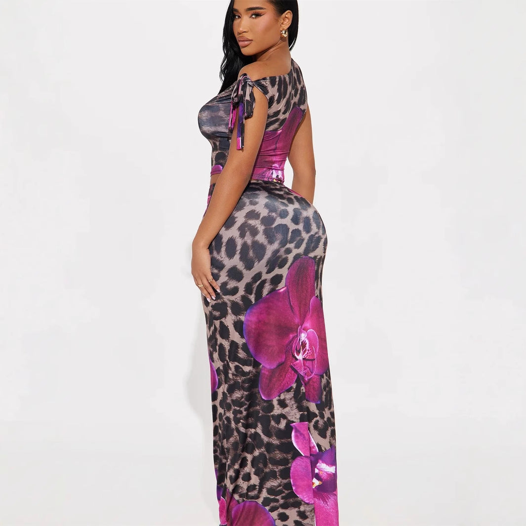 new New fashion slim temperament elegant printing diagonal collar lace-up short top hip-wrapped long skirt set
