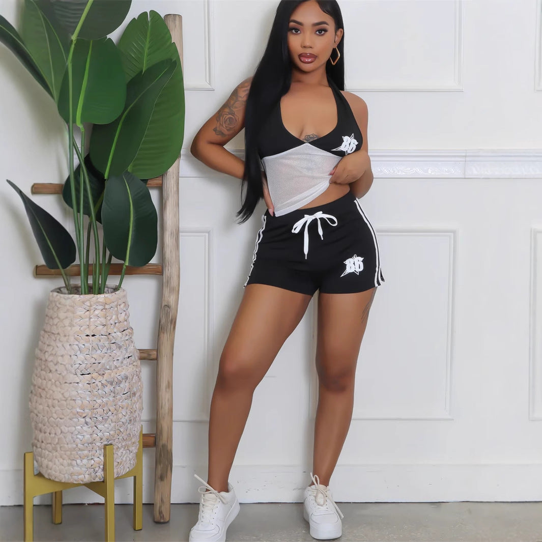 summer new women's clothing New sexy Spice Girls printed halter neck hanging perspective hollow tube top shorts set