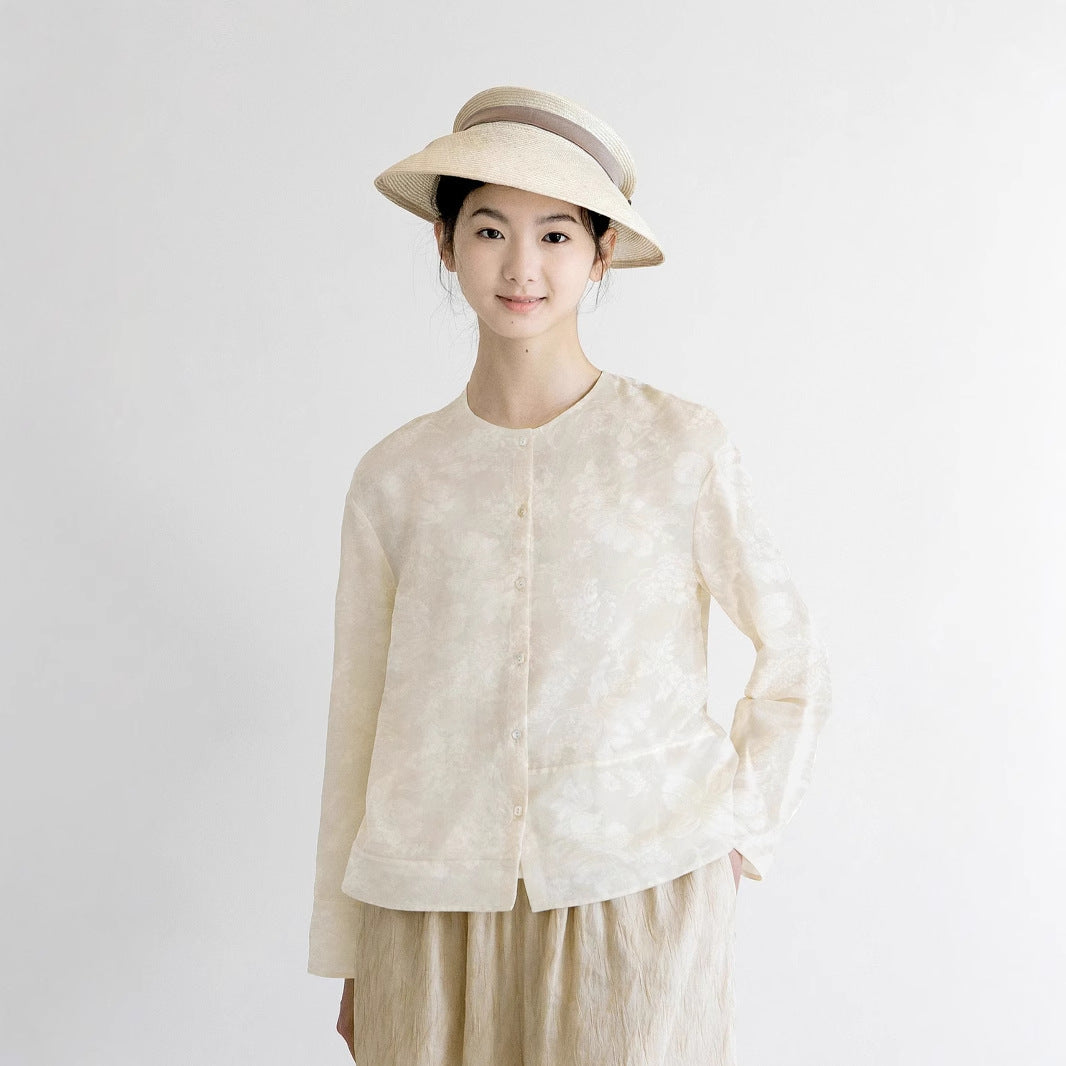Women's Shirt Spring New Chinese Top Shirt Long Sleeve Chinese Women's Beige Crew Neck Casual Cardigan B0456