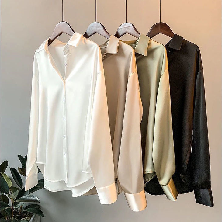 VLOVELAW Long Sleeve Satin Shirt Women's Design Sense Niche Spring and Summer New All-Match Draping Top Retro Hong Kong Style Shirt