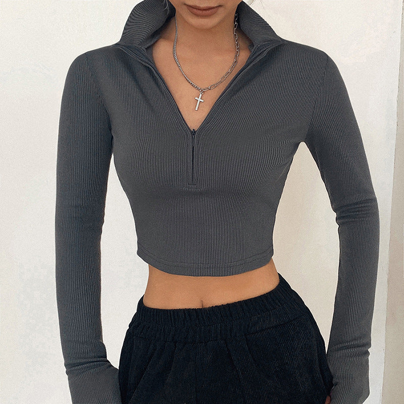 VLOVELAW European and American Spring Fashion Women's New Long Sleeve Zipper Half-Open Collar Exposed Navel All-Matching Slim Fit T-shirt