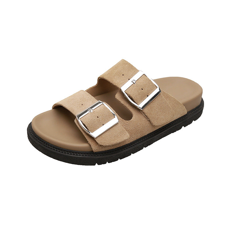 VLOVELAW Grape Mom's Same Retro Genuine Leather Slippers round Toe with Square Buckle Adjustable Platform Casual Boken Slippers