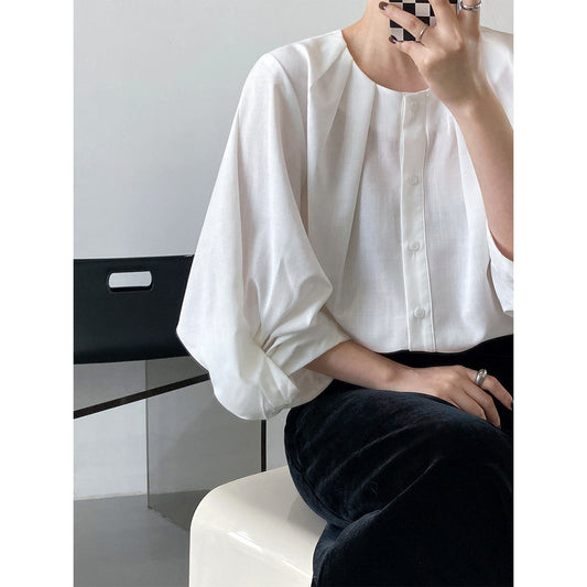 Luxi cotton and linen texture lantern sleeve shirt women's popular spring clothing new design sense seven-quarter sleeve chic top 3389