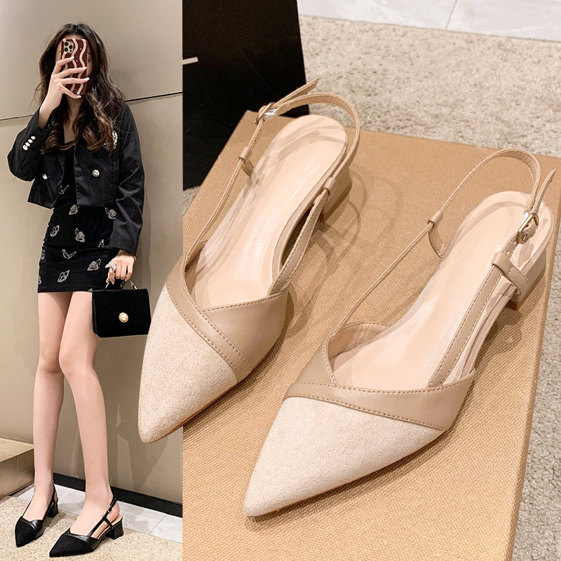 VLOVELAW Style Closed Toe Sandals Pointed Toe Strap Nude High Heels Women's Summer New Thick Heel Shoes 5cm