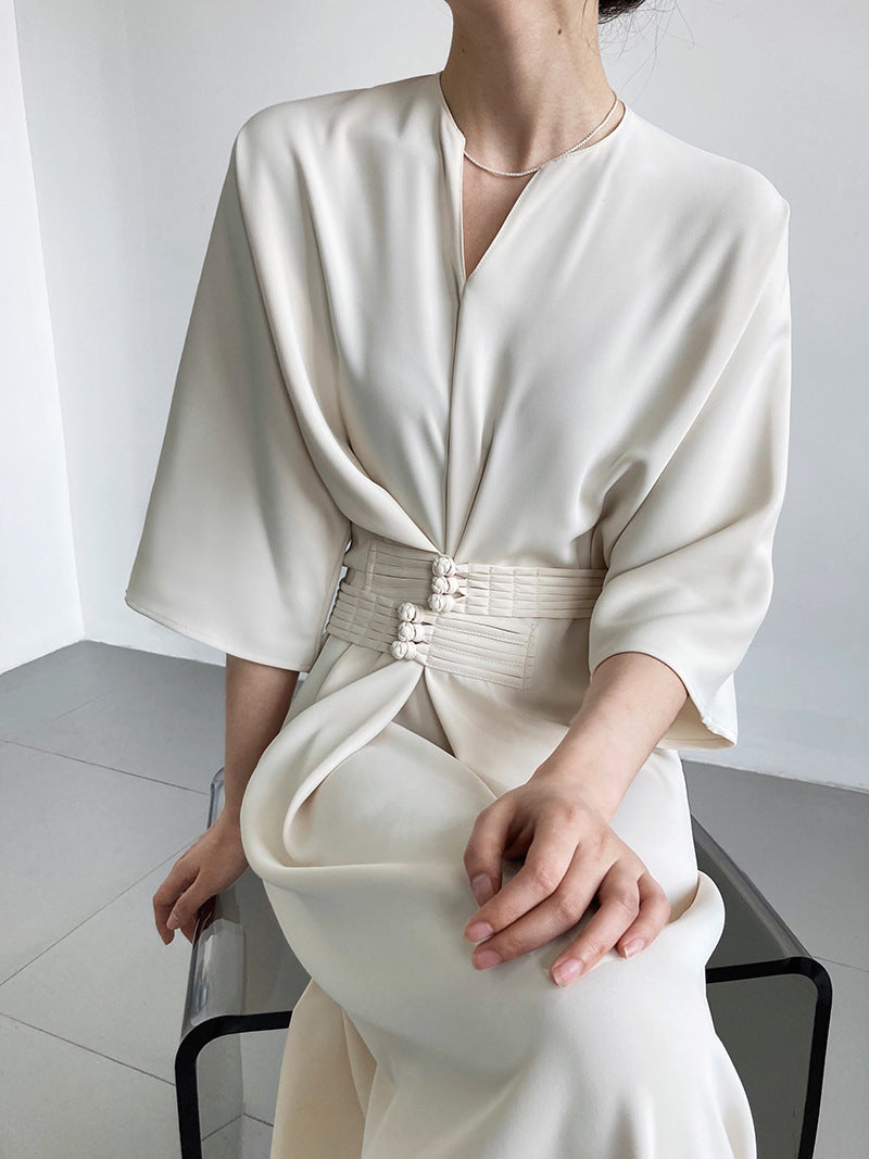 Luxi, temperament high-grade buckle waist strap straight dress, new Chinese style improved long skirt 3030