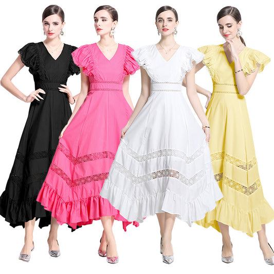 Crew neck lantern sleeve pleated waist princess style printing dress skirt mesh splicing dress  spring new