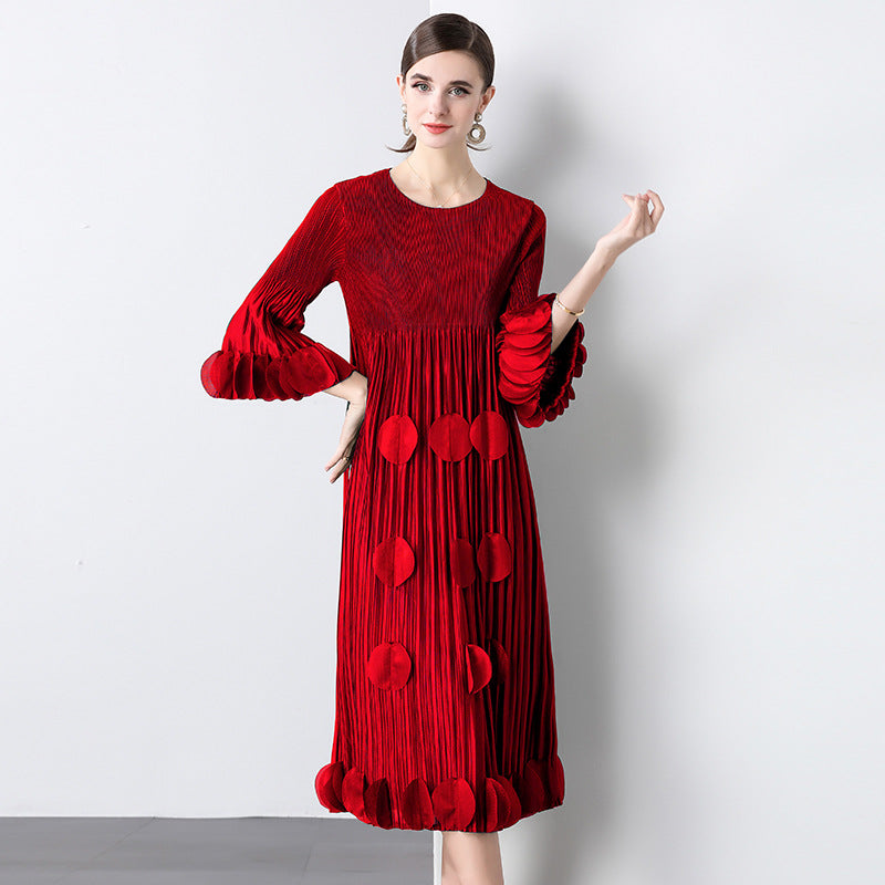 Fungus edge large size loose pleated dress women's new high-end Popular style commuter Miyake dress skirt