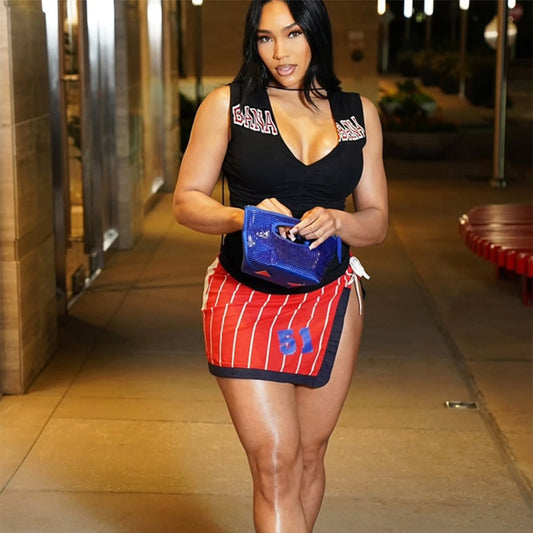 In the summer of , Popular,  and other New Popular trade letter printing lace-up deep V top waist split miniskirt set