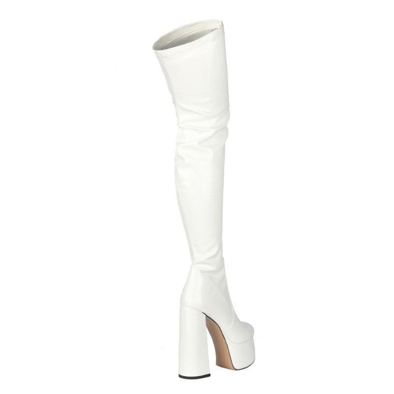 Cross-Border Foreign Trade Fashion New Chunky Heel Waterproof Platform Patent Leather round Toe High Heel White over-the-Knee Boots plus Size Women's Boots 45