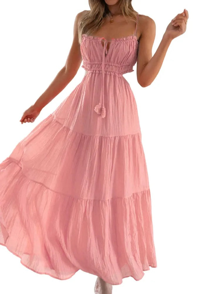 VLOVELAW Summer New Women's Cross-Border European and American Temperament Camisole Sexy Cutout Long Dress Backless Stitching Large Swing Dress