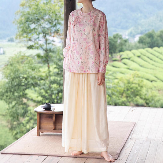 Spring new women's clothing suit ramie printing Chinese style shirt literary shirt A1242 women's long skirt