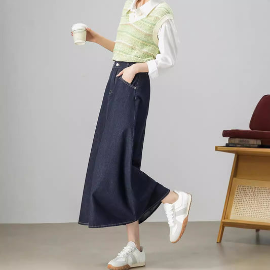 2025    Fashion high-waisted denim skirt women's spring and autumn umbrella skirt retro versatile and thin A-shaped skirt