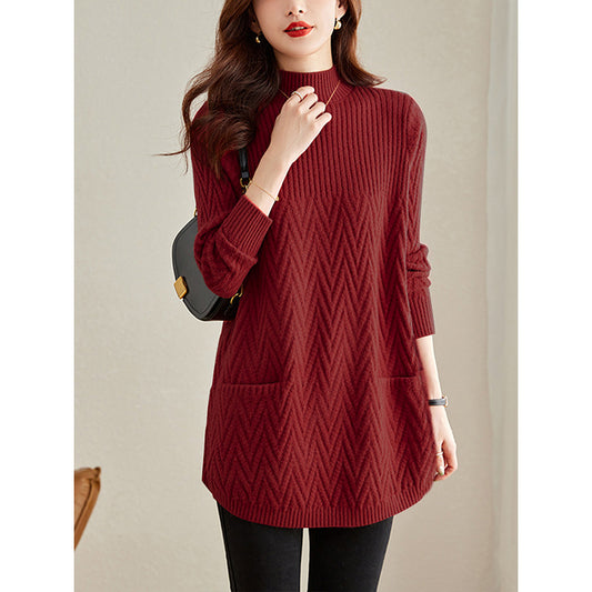 The official website picture direct sales small sweater women's butt covering thickened winter semi-turtleneck medium and long bottoming shirt
