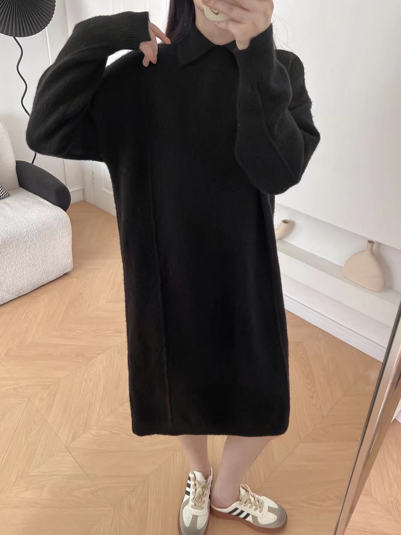 VLOVELAW Autumn and winter new polo collar pullover sweater bottoming skirt solid color long knee lazy loose knitted dress women