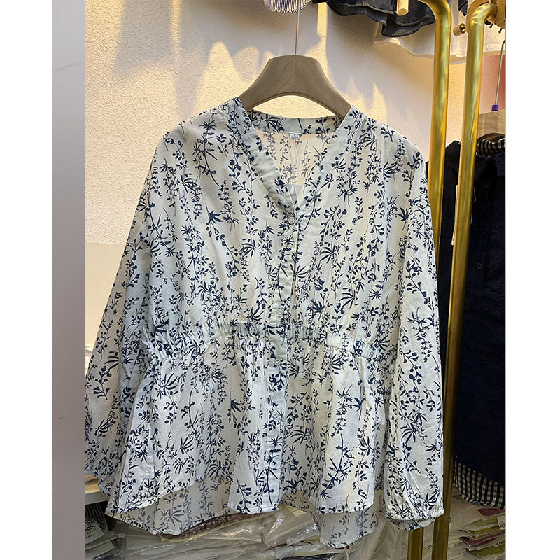 direct sales blue and white porcelain floral shirt women's long sleeves popular spring clothes new V-neck loose top pure cotton shirt