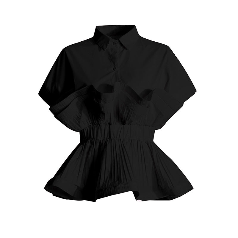 2025 spring new fashion lapel ruffle edge splicing design sense waist thin high-end short-sleeved shirt women