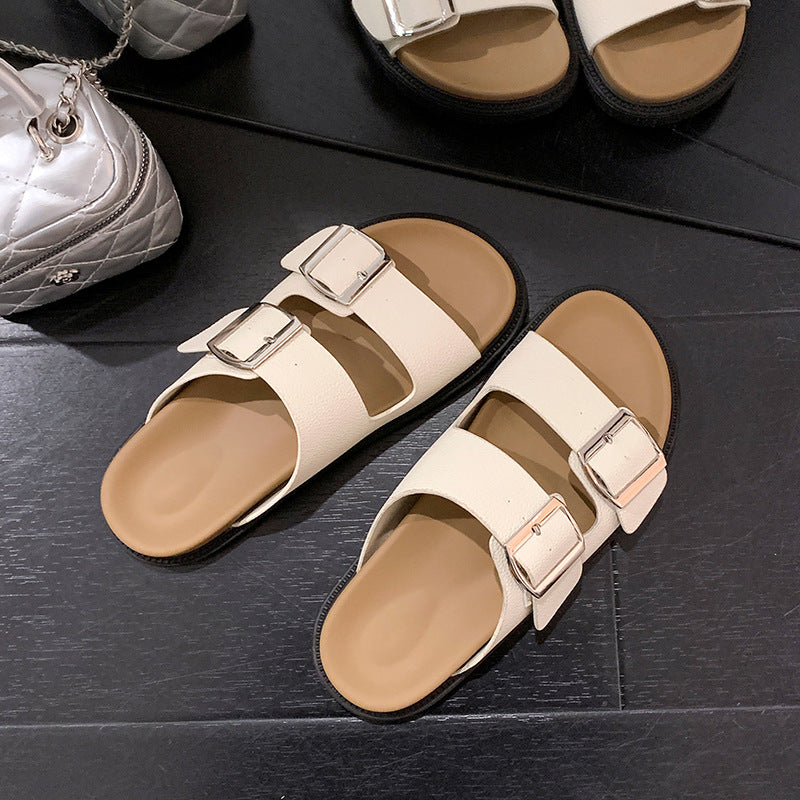 VLOVELAW Grape Mom's Same Retro Genuine Leather Slippers round Toe with Square Buckle Adjustable Platform Casual Boken Slippers