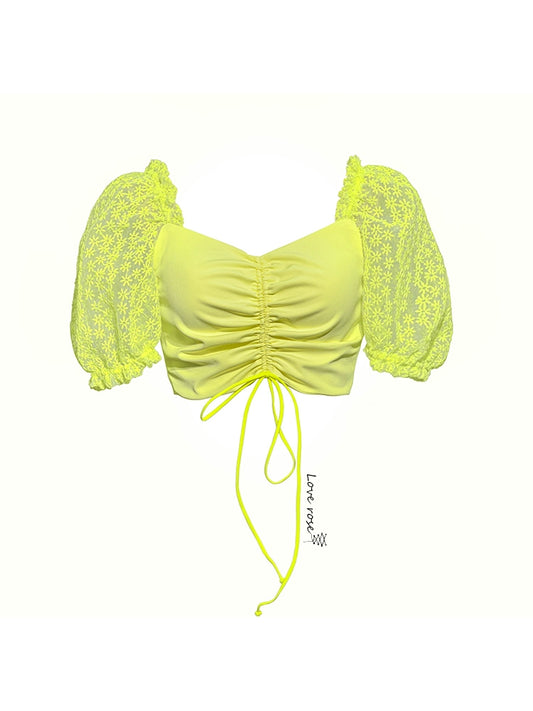 Slightly fat design sense niche front shoulder short-sleeved lace short-sleeved chiffon women's shirt women's summer with suspender vest