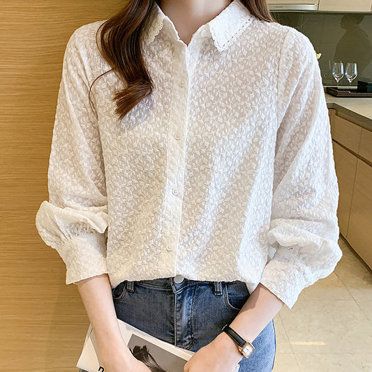 Lace lace lapel white shirt women's long sleeves popular autumn new cotton embroidered top temperament lady shirt