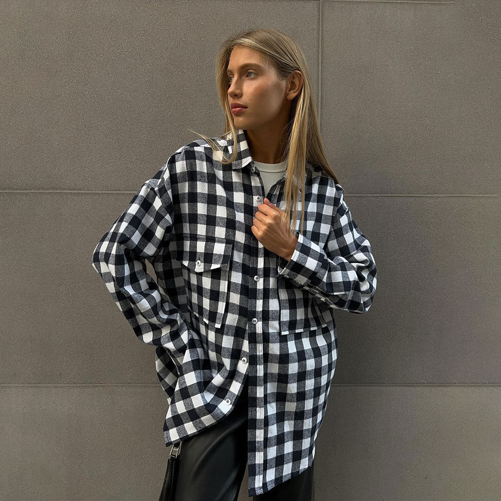 KKBOXLY Plaid shirt women's 2025 cross-border New autumn new American retro double pocket plaid striped medium and long shirt